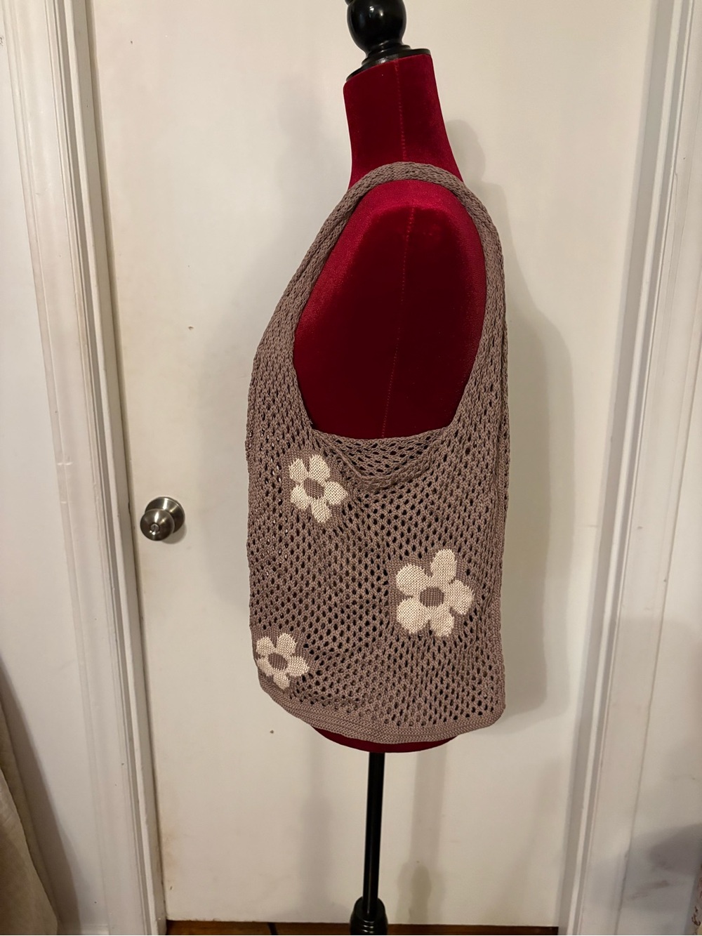 Handmade Taupe Crochet Flower Tote Bag